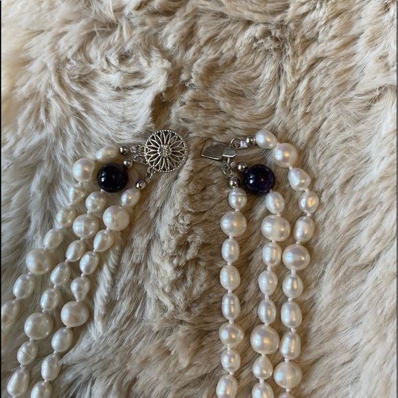 Triple strand cultured pearl & lapis necklace 20” classic old money timeless - Picture 9 of 13